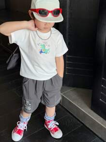 DAZY 2pcs/Set Young Boy Dinosaur Print Short Sleeve T-Shirt And Shorts Set - White - View 5