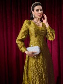 Modelyn Women's Pleated V-Neck Puff Sleeve Chic Dress Fall Cloth For Women