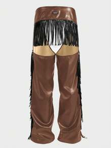 FeverCity Men's Patchwork Tassel Grommet Design Wide Leg Pants - Brown - View 2