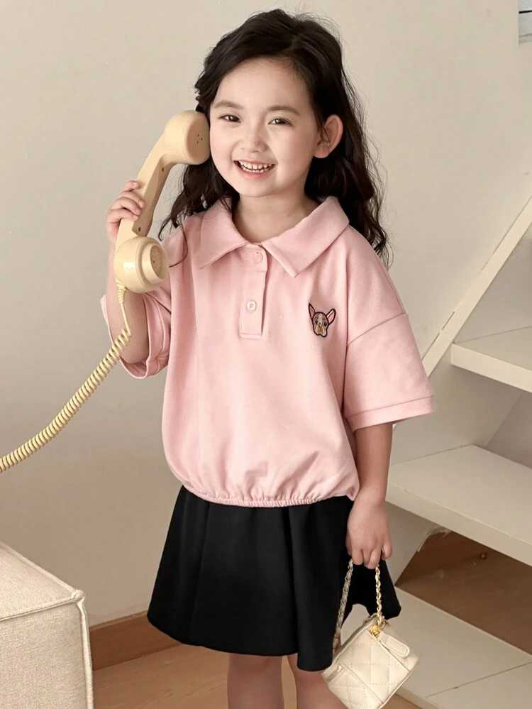 2pcs Young Girl Dog Embroidered Front Button Short Sleeve Shirt And Mini Skirt Set,Girls Summer Outfits
