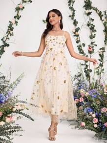 Coutiva 女士亮片花卉网眼吊带优雅舞会礼服、婚礼宾客礼服、适合音乐节春/夏、派对礼服、舞会礼服 - 杏色 - 查看 5