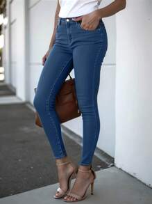 SHEIN Artist 海军蓝女式口袋紧身休闲牛仔牛仔裤，适合所有季节、节日、西装 - 深色水洗藍 - 查看 3