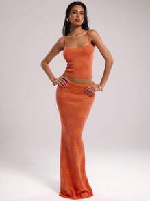 SHEIN BAE Women Floral Jacquard Knitted Camisole Top Valentines Clothes Tops Vacation Outfits Woman Summer Outfits For Women Sweaters For Women Sweaters Beach Outfits For Woman Summer Tops Crop Tops  Women Off The Shoulder Top Summer Tops , Going Out Tops - Orange - View 8