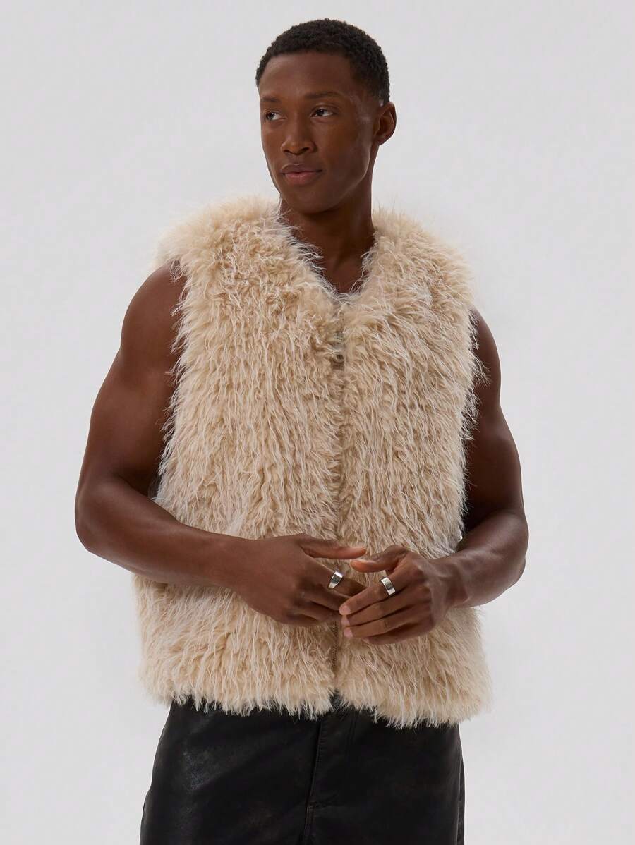 Musero Men Full Zip Fluffy Gilet Tank Top - Apricot - View 1