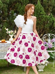 SHEIN Teenage Girls Ruffle Strap Knit Camisole Top And Elegant Floral Jacquard Skirt Set, Spring/Summer - Pink - View 5