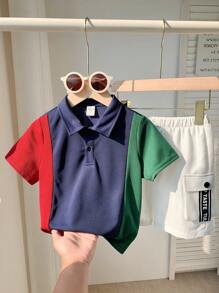 SHEIN 2 件装年轻男童休闲拼色短袖短裤套装 - 寶藍色 - 查看 2