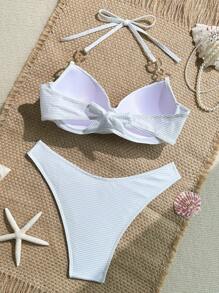 Swim Lushoire Bộ đồ bơi bikini 2 mảnh có dây buộc chéo nâng ngực và quần bơi thông thường, phong cách kỳ nghỉ - trắng - Xem 2