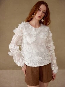 MOTF PREMIUM APPLIQUES LANTERN SLEEVE TOP - White - View 5