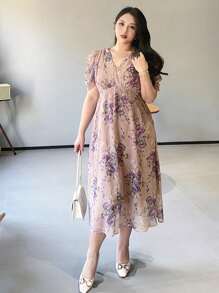 Dazy Petite Plus Plus Size Floral Print V-Neck Puff Sleeve Mini Dress, Purple, Spring/Summer Draped Dress Pink Milkmaid Dress Sundress - Purple - View 6