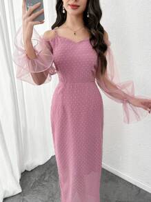 Modelyn 女士优雅提花细肩带 V 领褶饰高端网眼长袖中长连衣裙 - 淺粉色 - 查看 1