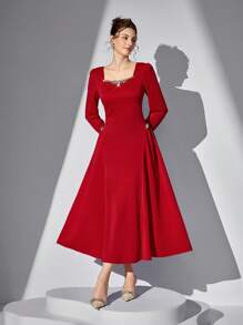 Poshira Women's Square Neckline Puff Sleeve Ruffled Midi Dress - Red - View 1