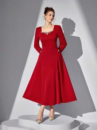 Poshira Damen Kleid mit quadratischem Ausschnitt, Puffärmeln und Rüschen, knielang