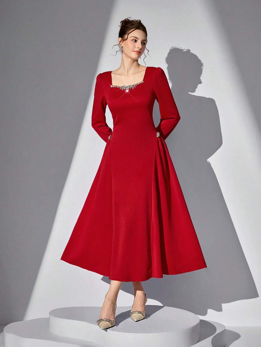 Poshira Women's Square Neckline Puff Sleeve Ruffled Midi Dress - Red - View 1