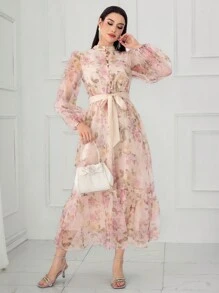 Modelyn 女士花卉印花灯笼袖前扣优雅连衣裙 - 彩色 - 查看 4