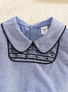 2pcs Kids Boy Casual College Style Comfortable Printed Collar T-Shirt And Solid Color Shorts Set, Versatile Gentleman Suit Suitable For School, Garden, Beach, Birthday, Spring, Summer, Fall, Winter - Blue - View 4