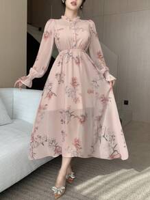 DAZY Women Floral Print Ruffle Collar Puff Sleeve Mid-Length Dress,Fall Dress Long Sleeve Dress - Pink - View 3