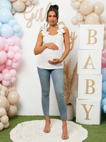 Loomaby Maternity Shoulder Strap 3D Floral Decor Camisole & Gender Reveal Dress, For Baby Shower Party - White - View 6