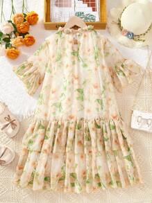 SHEIN Vestido de Bruxa de Chifom com Estampa Floral Pequena Elegante, Verão
