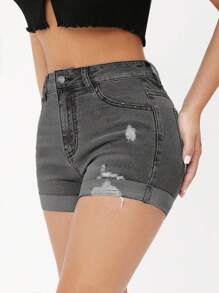 SHEIN PETITE 休闲洗水破洞高腰修身牛仔短裤 - 淺灰色 - 查看 3
