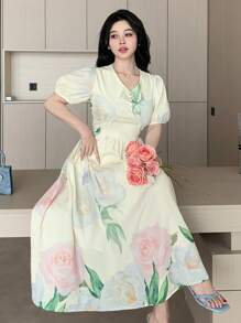 DAZY 1 pieza Vestido suelto de manga abullonada con escote en V y estampado floral para mujer - Albaricoque - Ver 4