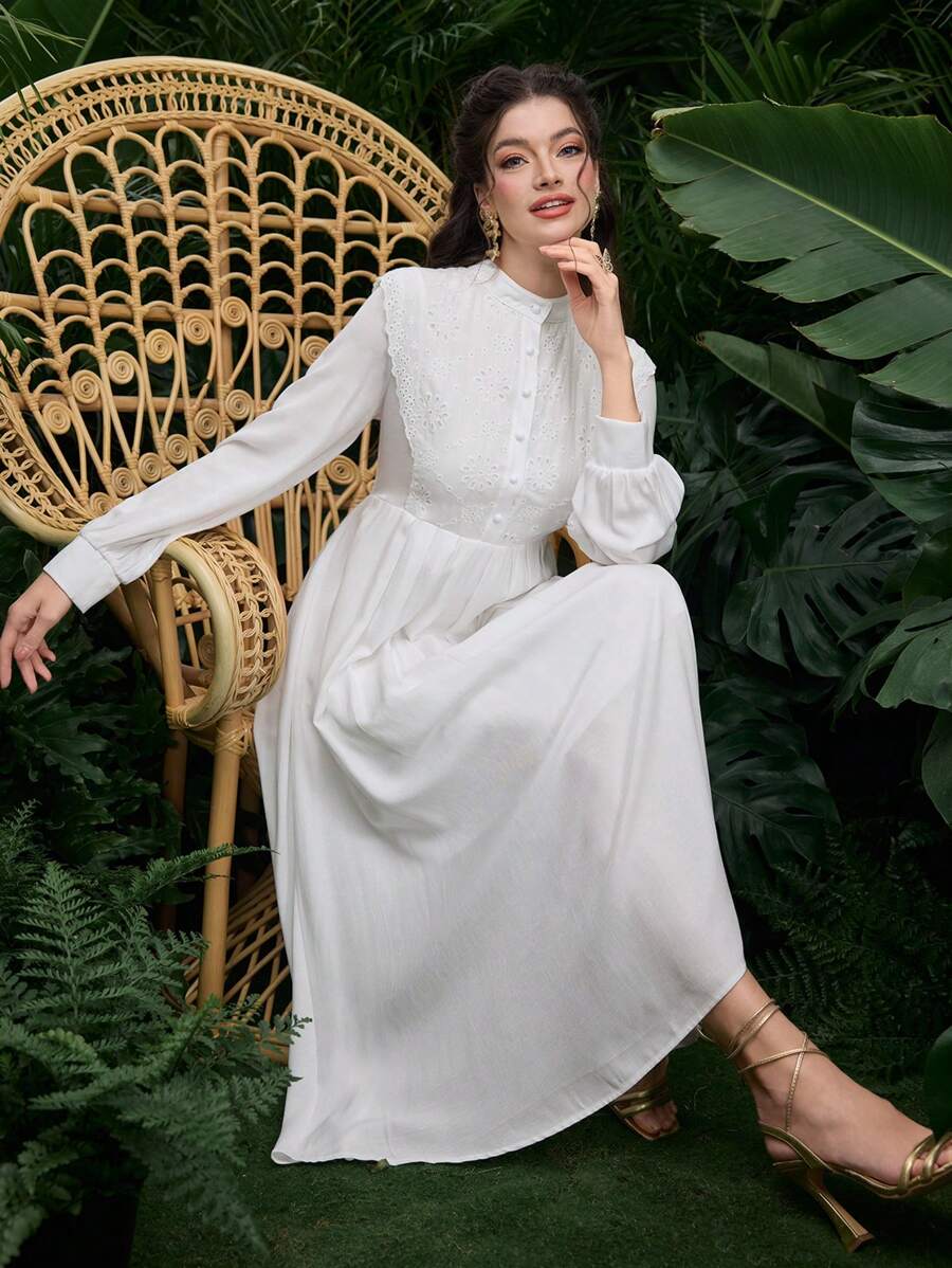 Mulvari Simple Solid Color Button Front Long Sleeve Casual Elegant Dress - White - View 1