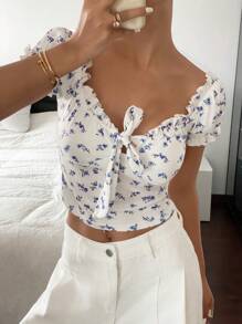 SHEIN Frenchy 女士休闲花卉印花前系带衬衫 - 藍白色 - 查看 1