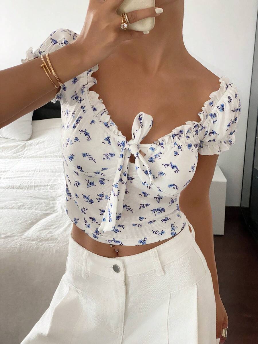 SHEIN Frenchy 女士休闲花卉印花前系带衬衫 - 藍白色 - 查看 1