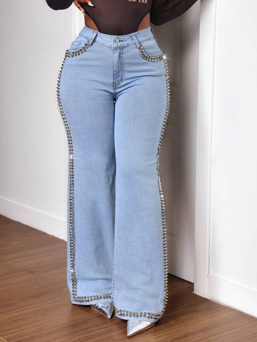 Slaydiva 女式前扣口袋休闲牛仔裤，简约设计，适合日常穿着 - 藍色 - 查看 1