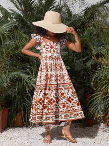 SHEIN Tween Girl Casual Chiffon Square Collar Cap Sleeve Ditsy Floral Dress