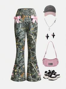 Celana Panjang Model Flare dengan Pita, Motif Kamuflase Kontras Warna, Gaya Streetwear Y2K untuk Remaja Perempuan - Hijau - View 1