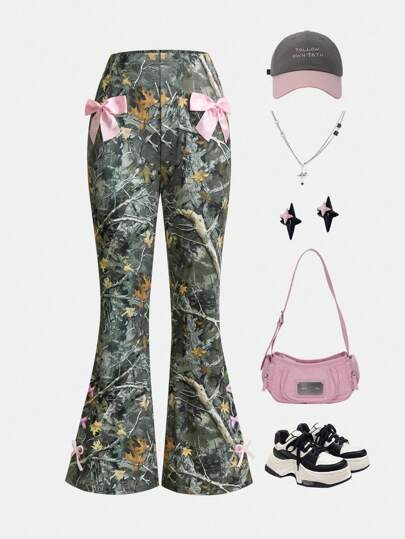 Tonåringar Y2K Streetwear Camouflage Kontrastfärg Butterfly Flare Byxor, monterade Leggings