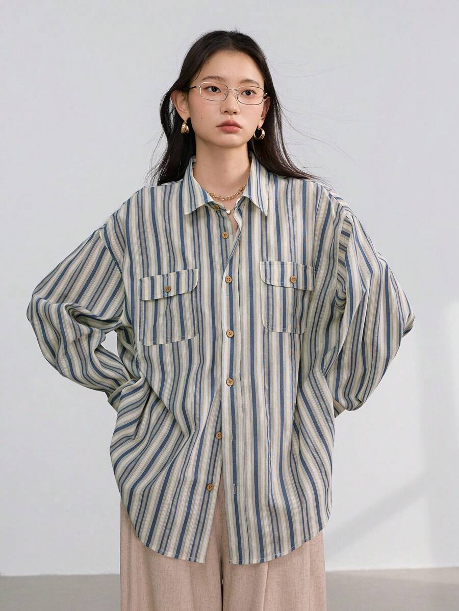 Dazy-Less 女士商务休闲宽松格子长袖衬衫，秋季女装 - 白色 - 查看 1