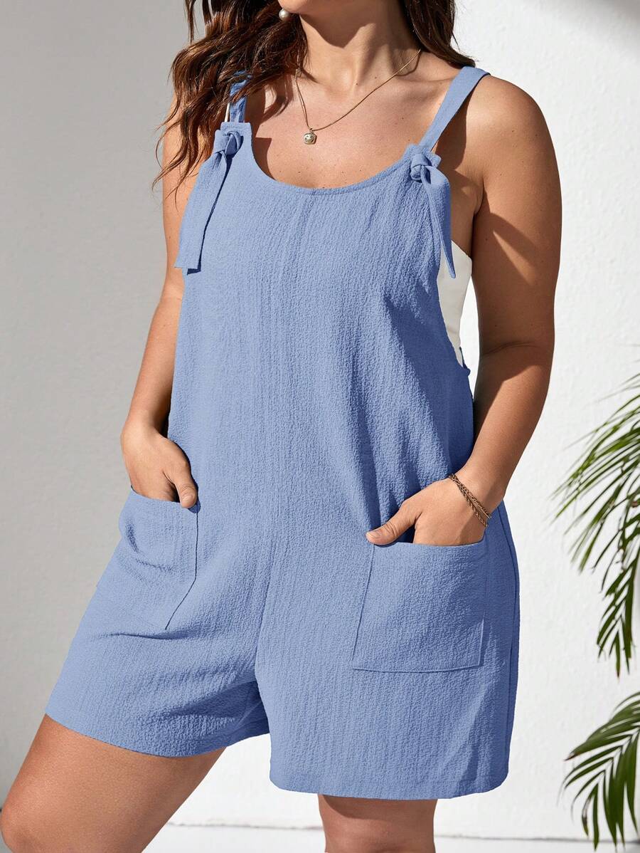 SHEIN VCAY Plus Size Holiday Casual Solid Color Sleeveless Romper - Baby Blue - View 1