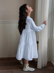 DAZY Long A-Line Lace Patchwork Solid Color Round Neck Long Sleeve Tween Girl Dress - Baby Blue - View 5