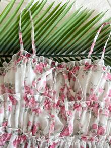 Soleia Romantic Floral Mesh Camisole Top For Vacation, Spring - Pink - View 5