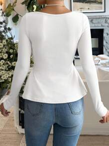 SHEIN Unity Autumn Casual Bow Decor Cinched-Waist Long Sleeve T-Shirt For Spring - White - View 2