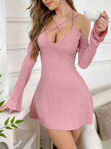 SHEIN 性感吊带露肩女士家居连衣裙，舒适保暖，秋冬必备 - 藕粉色 - 查看 3