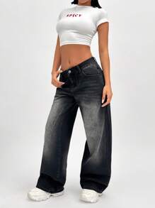 EURMUSE WOMEN LOW WAIST WIDELEG JEAN CASUAL STREET WEAR - Black - View 3