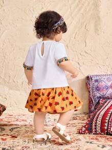 SHEIN Leap Crew 女宝宝夏季可爱花卉图案裙子和短袖T恤两件套