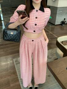 DAZY 2pcs Women Set Contrast Plaid Front Button Blouse And Long Pants Suit