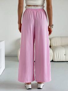 SHEIN Essnce Pink Pants Valentines Clothes Women's Casual Contrast Waistband Striped Wide Leg Pants