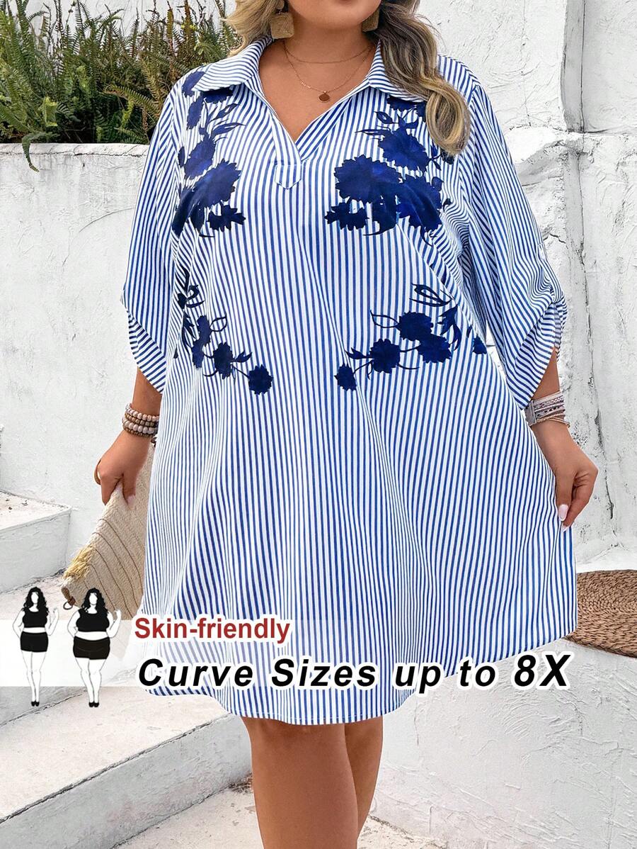 SHEIN CURVE+ Floral Print Blue & White Striped Simple Casual Comfortable Plus Size Shirt Dress Boho Vacation