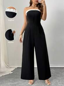 Flirla Plus Size Simple Contrast Color Ruffle Trim Jumpsuit, Spring/Summer