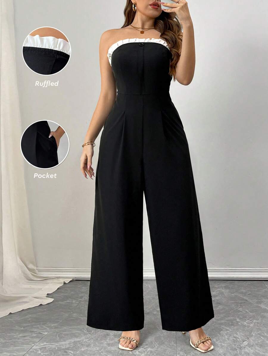 Flirla Plus Size Simple Contrast Color Ruffle Trim Jumpsuit, Spring/Summer