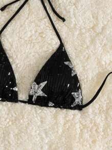 SHEIN Swim Contrast Color Star Sequin Halter Bikini Top, Sexy Micro Triangle