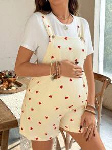 SHEIN 2pcs/Set Maternity Versatile Heart Print Overall Shorts And Short Sleeve Top - Beige - View 4