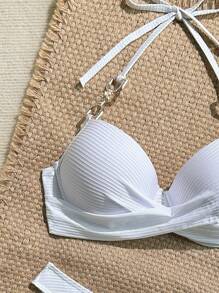 Swim Lushoire Bộ đồ bơi bikini 2 mảnh có dây buộc chéo nâng ngực và quần bơi thông thường, phong cách kỳ nghỉ - trắng - Xem 4