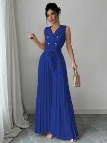 Elenzga 女士优雅双排扣设计杏色褶皱连体裤，春秋 - 寶藍色 - 查看 5