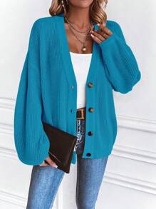 SHEIN LUNE Spring/Summer Casual White Lantern Sleeve Button Front Ribbed Loose Knit Cardigan - Teal Blue - View 5