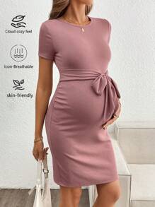 SHEIN Robe de grossesse décontractée avec décoration de nœud, rose - Rose bonbon - Voir 3
